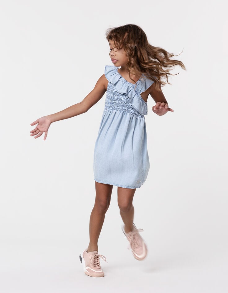 Ikks Robe En Jean Bleue Smockée Bretelle Asymétrique Fille