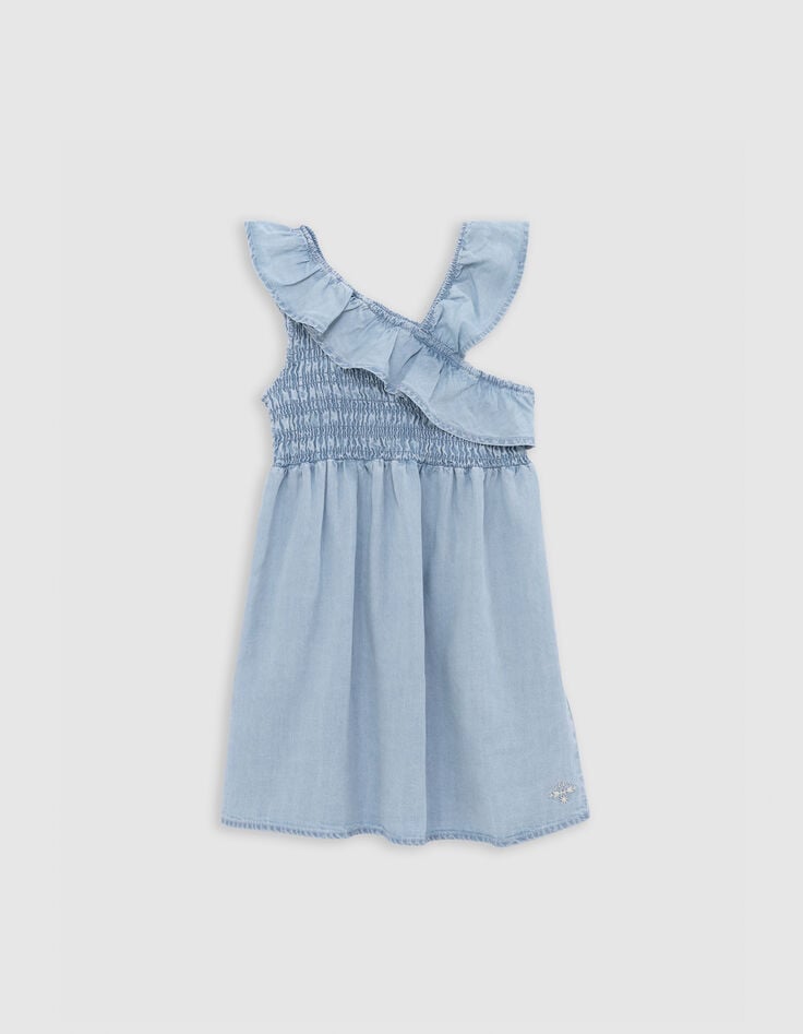Ikks Robe En Jean Bleue Smockée Bretelle Asymétrique Fille