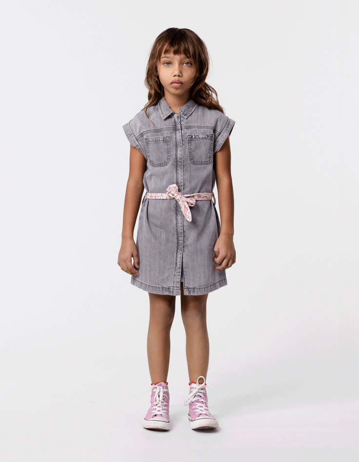 Ikks Robe En Jean Gris Coton Bio Ceinture Imprimée Fille