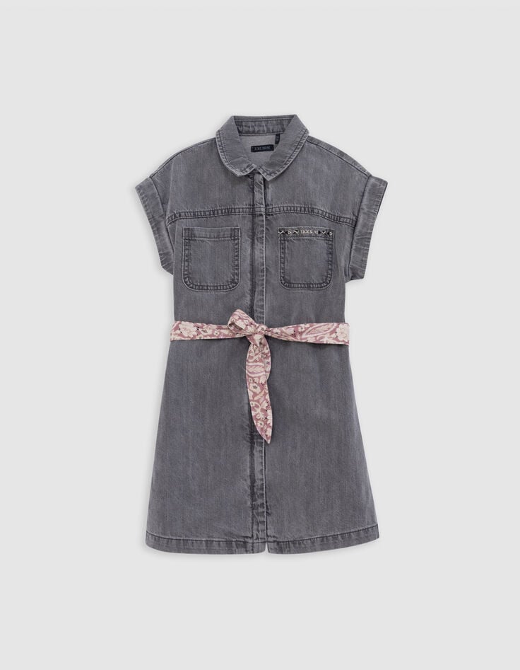 Ikks Robe En Jean Gris Coton Bio Ceinture Imprimée Fille