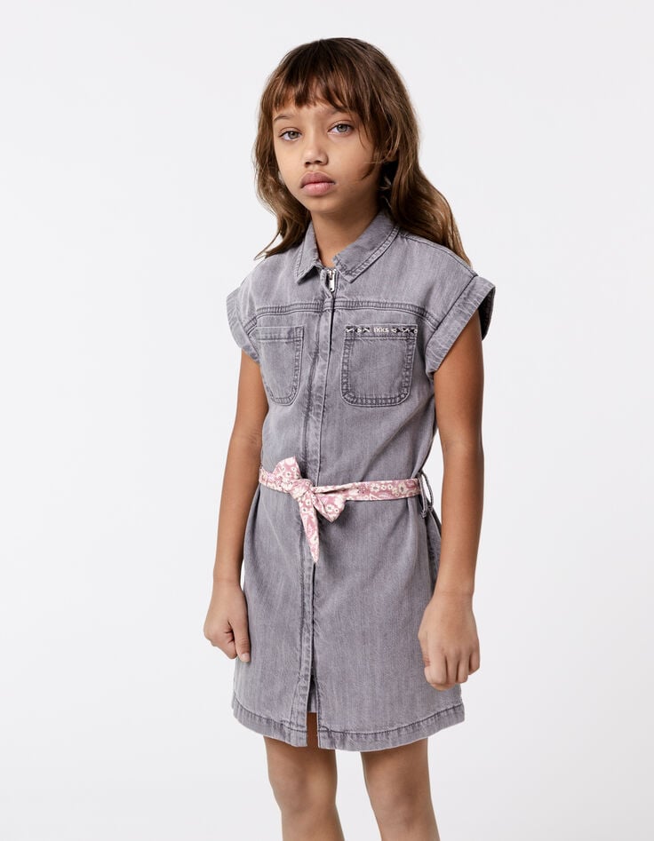 ikks Robe en jean gris coton bio ceinture imprimée fille