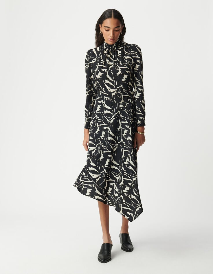 Ikks Robe Habillée Noire Imprimé Fleurs Zébré Femme