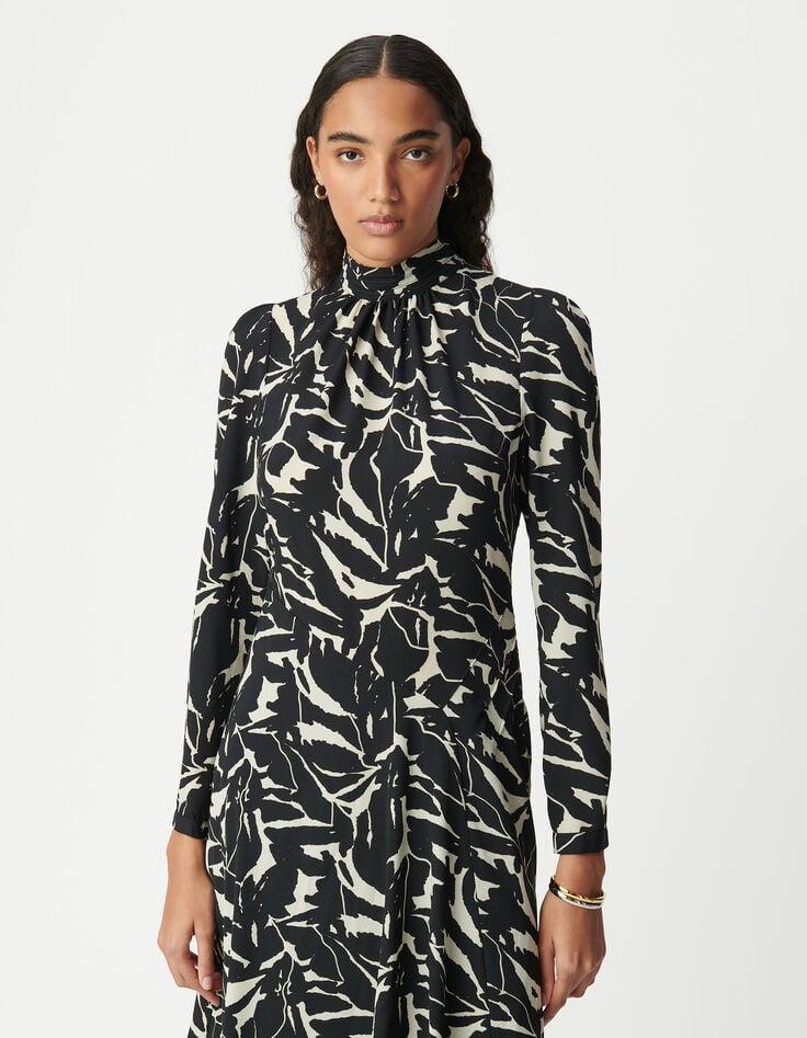 Ikks Robe Habillée Noire Imprimé Fleurs Zébré Femme