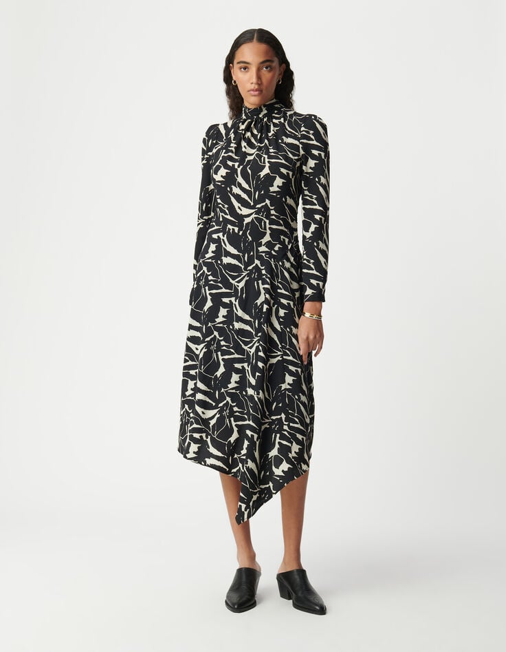 ikks Robe habillée noire imprimé fleurs zébré Femme