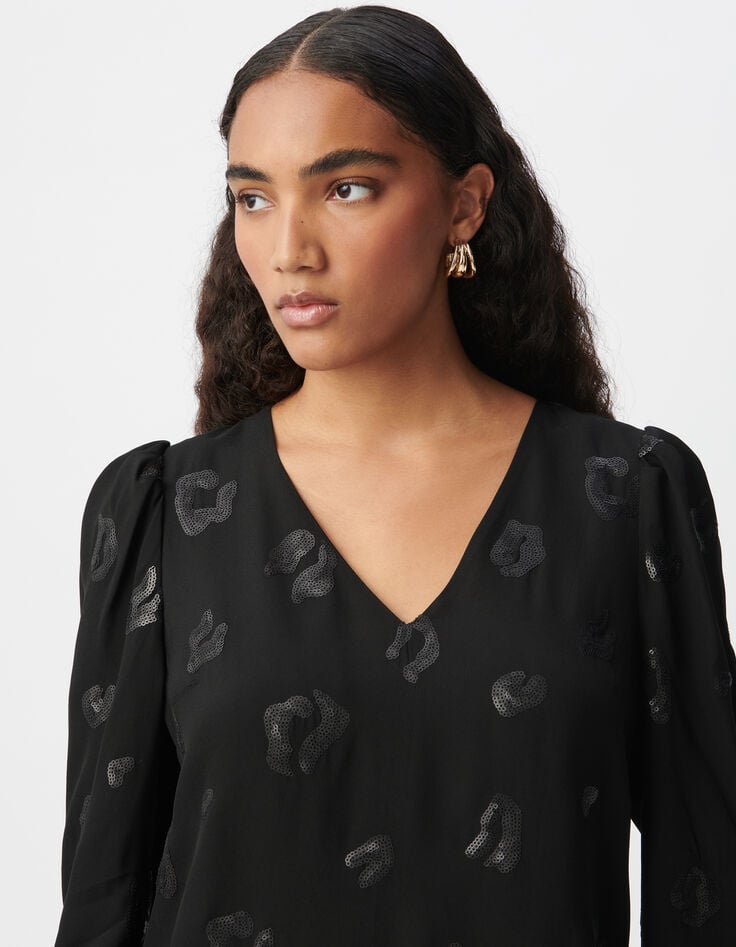 Ikks Robe Housse Mi-cuisse Noire Motif Léopard Brodé Sequins Femme