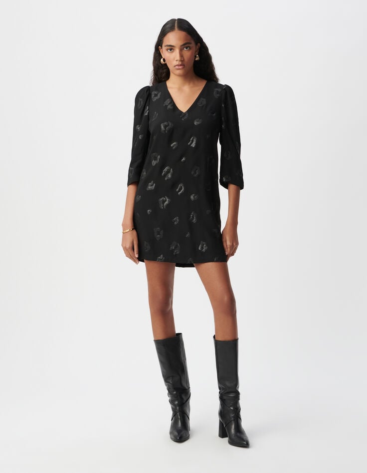 ikks Robe housse mi-cuisse noire motif léopard brodé sequins Femme