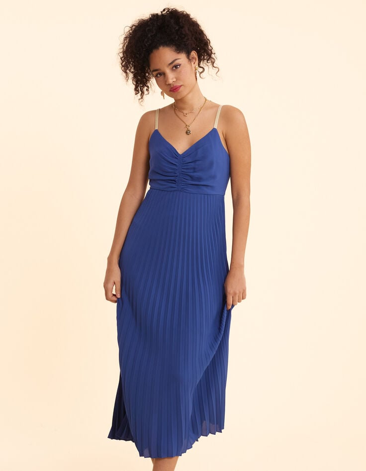 Ikks Robe Longue Bleue Plissée Fines Bretelles I.Code