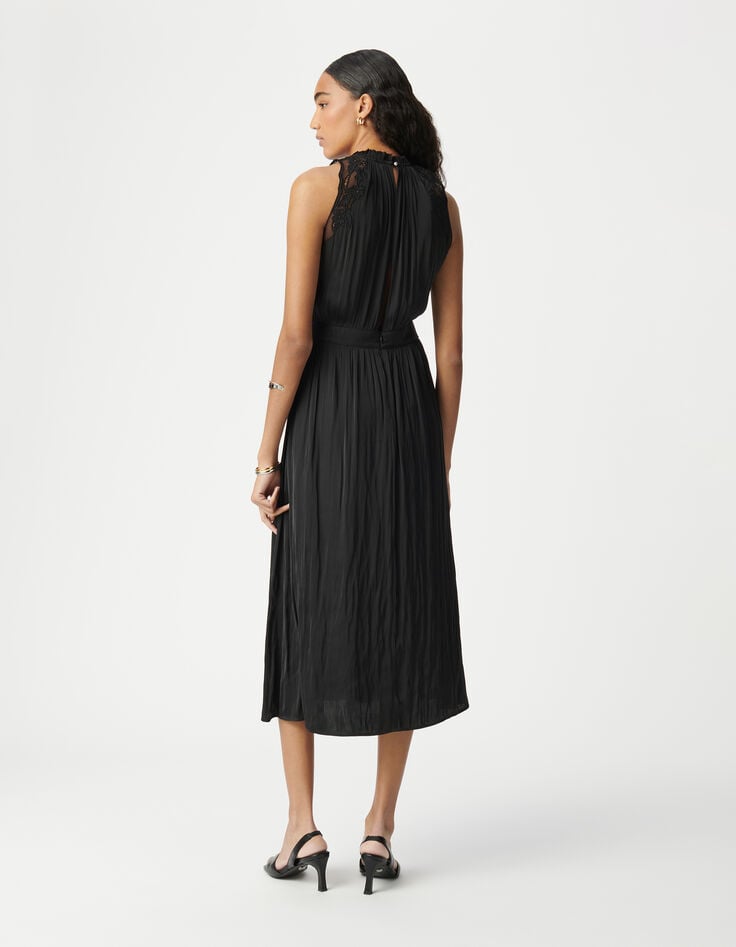 Ikks Robe Longue Noire Effet Froissé Avec Dentelle Femme