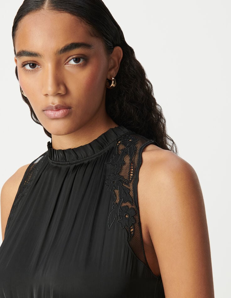 Ikks Robe Longue Noire Effet Froissé Avec Dentelle Femme