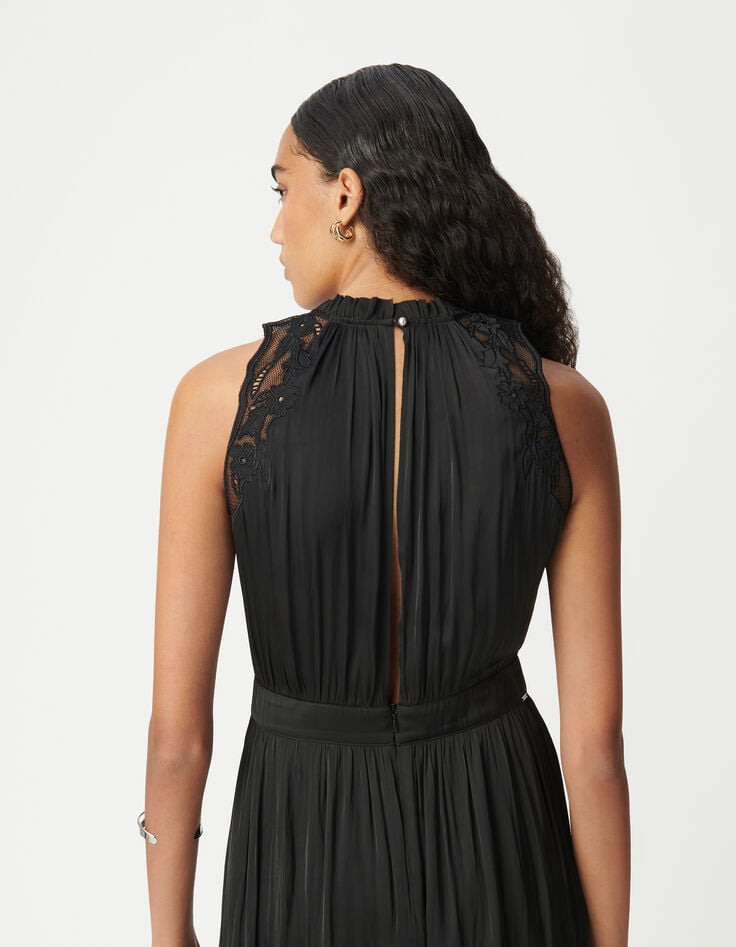 Ikks Robe Longue Noire Effet Froissé Avec Dentelle Femme