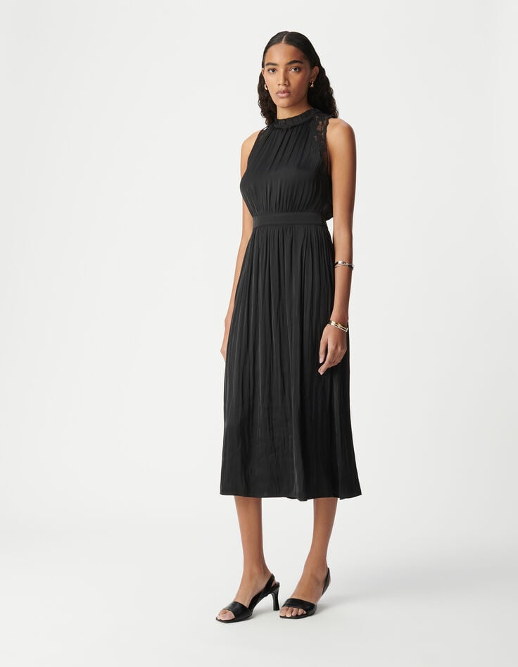 ikks Robe longue noire effet froissé avec dentelle Femme