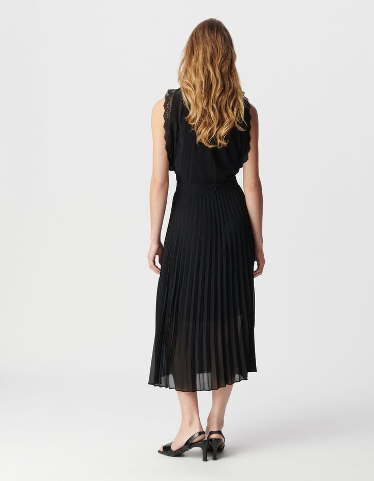 Ikks Robe Longue Noire Plissée Bandes Dentelle Femme