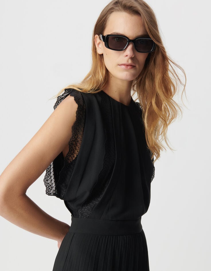 Ikks Robe Longue Noire Plissée Bandes Dentelle Femme