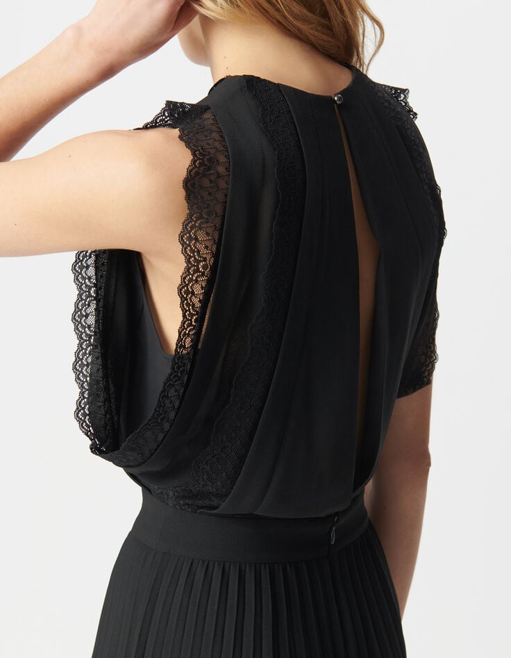 Ikks Robe Longue Noire Plissée Bandes Dentelle Femme