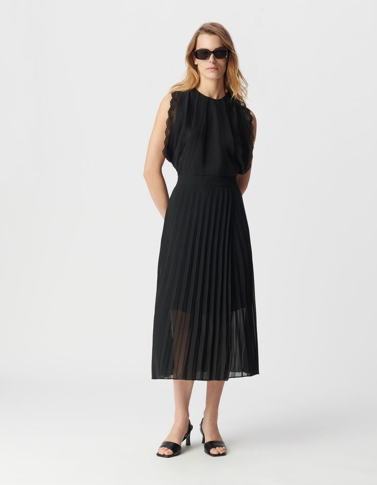 ikks Robe longue noire plissée bandes dentelle Femme