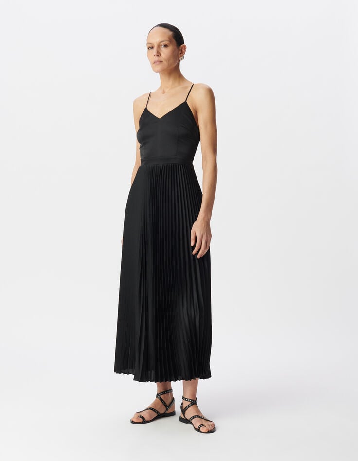 Ikks Robe Longue Noire Plissée Fines Bretelles Femme