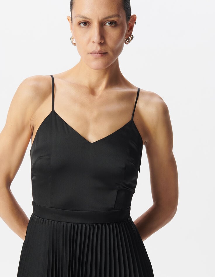 Ikks Robe Longue Noire Plissée Fines Bretelles Femme