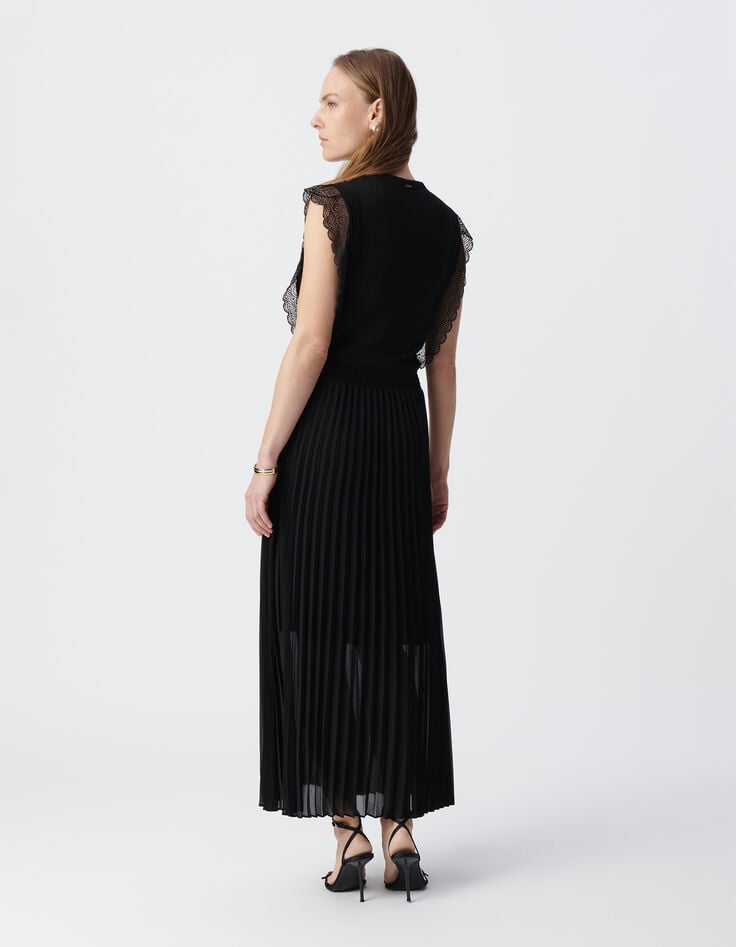 Ikks Robe Longue Noire Plissée Volants Dentelle Femme