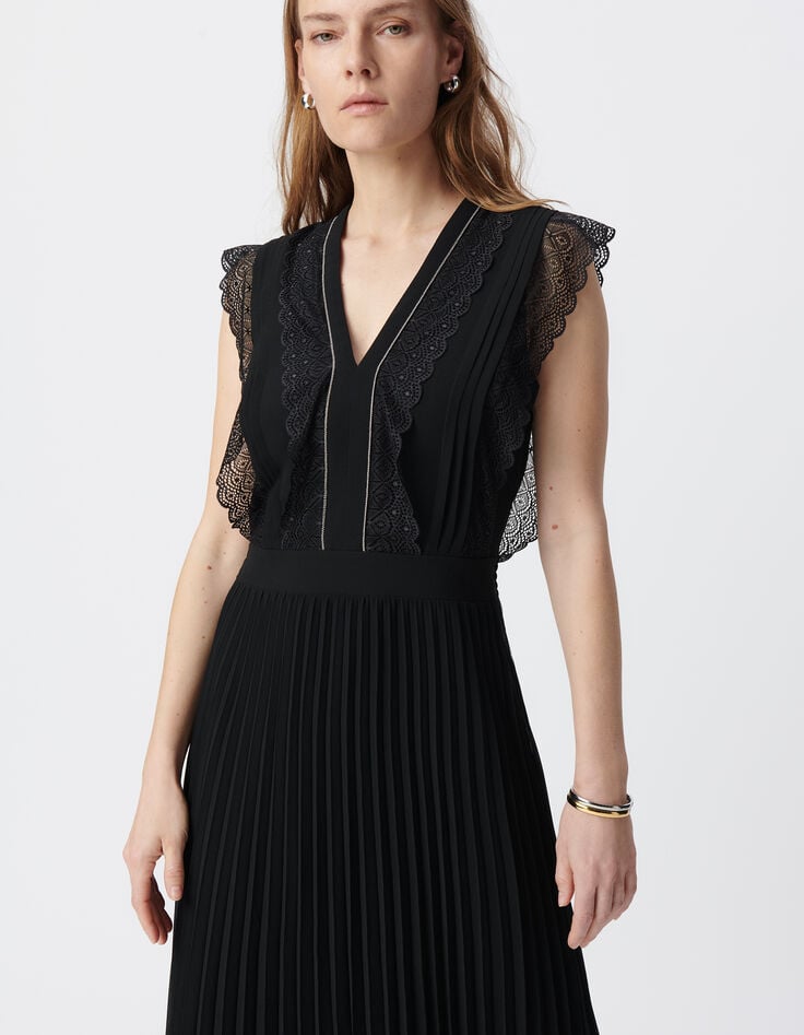 Ikks Robe Longue Noire Plissée Volants Dentelle Femme