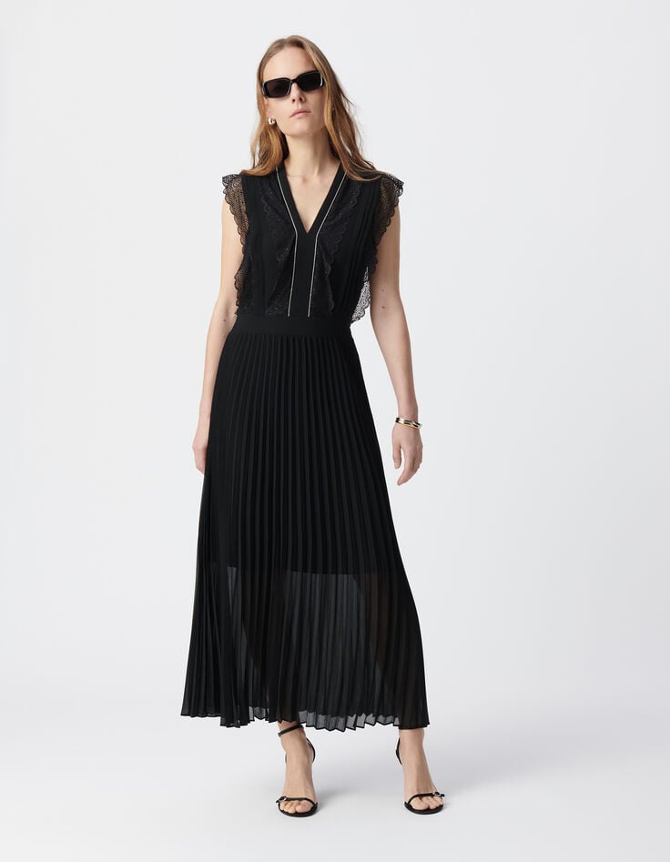 ikks Robe longue noire plissée volants dentelle Femme