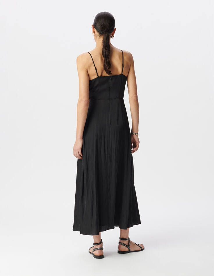 Ikks Robe Longue Noire Satinée Détails Dentelle Femme