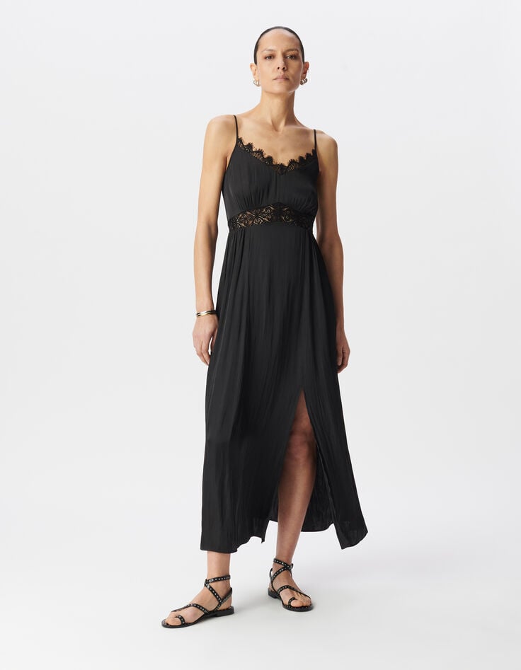 ikks Robe longue noire satinée détails dentelle Femme