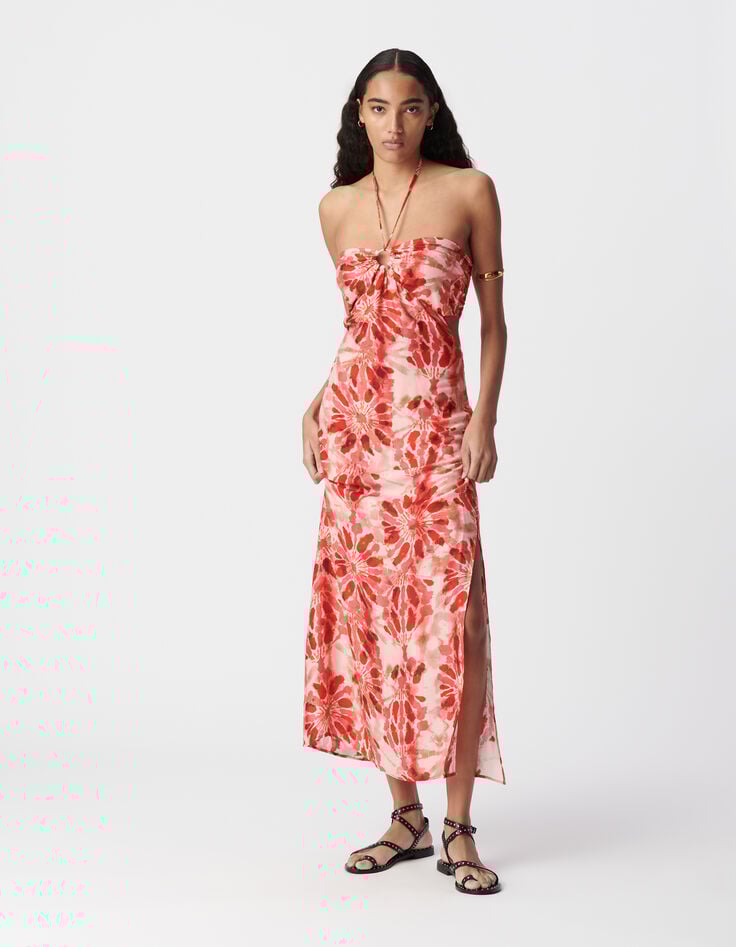 Ikks Robe Longue Rouge Imprimé Batik Dos Ouvert Femme