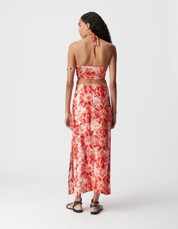 Ikks Robe Longue Rouge Imprimé Batik Dos Ouvert Femme