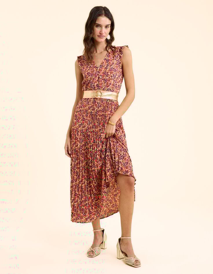 Ikks Robe Longue Rouge Plissée Imprimé Fleuri I.Code