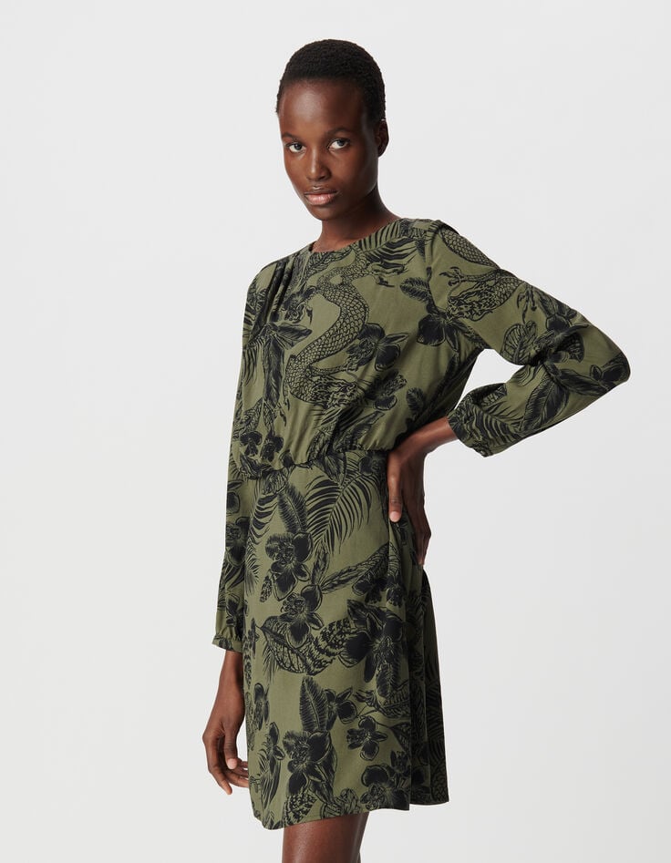 Ikks Robe Manche Longue Kaki LENZING™ ECOVERO™ Maxi Jungle Femme