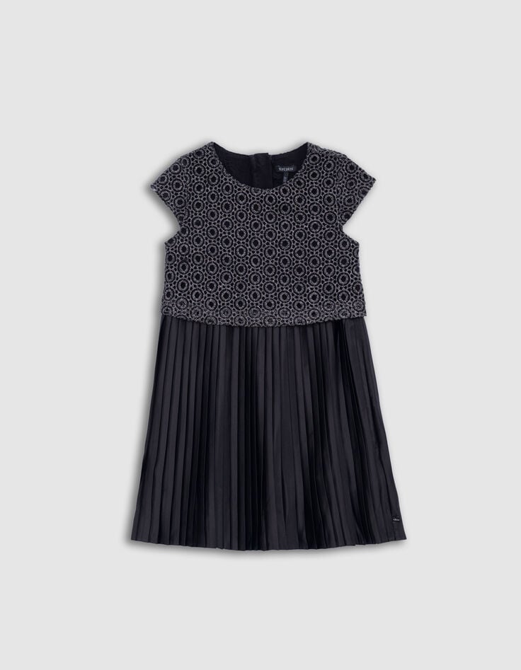 Ikks Robe Noire Plissée Top Dentelle Trompe-l'oeil Fille