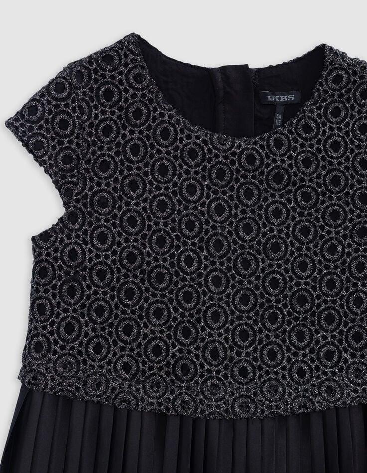 Ikks Robe Noire Plissée Top Dentelle Trompe-l'oeil Fille