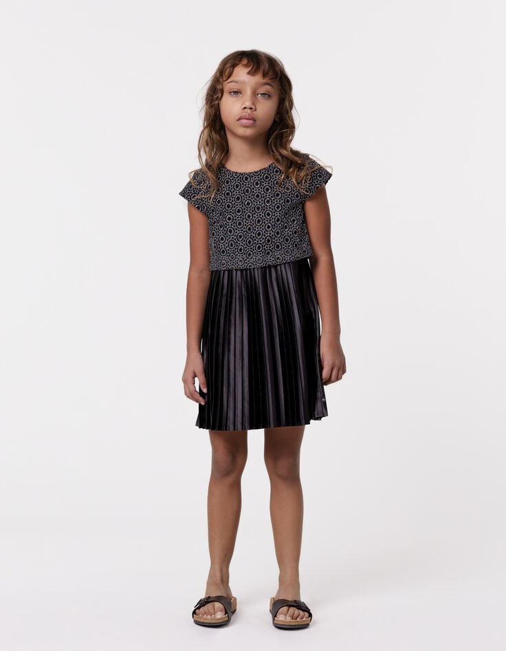 ikks Robe noire plissée top dentelle trompe-l'oeil fille
