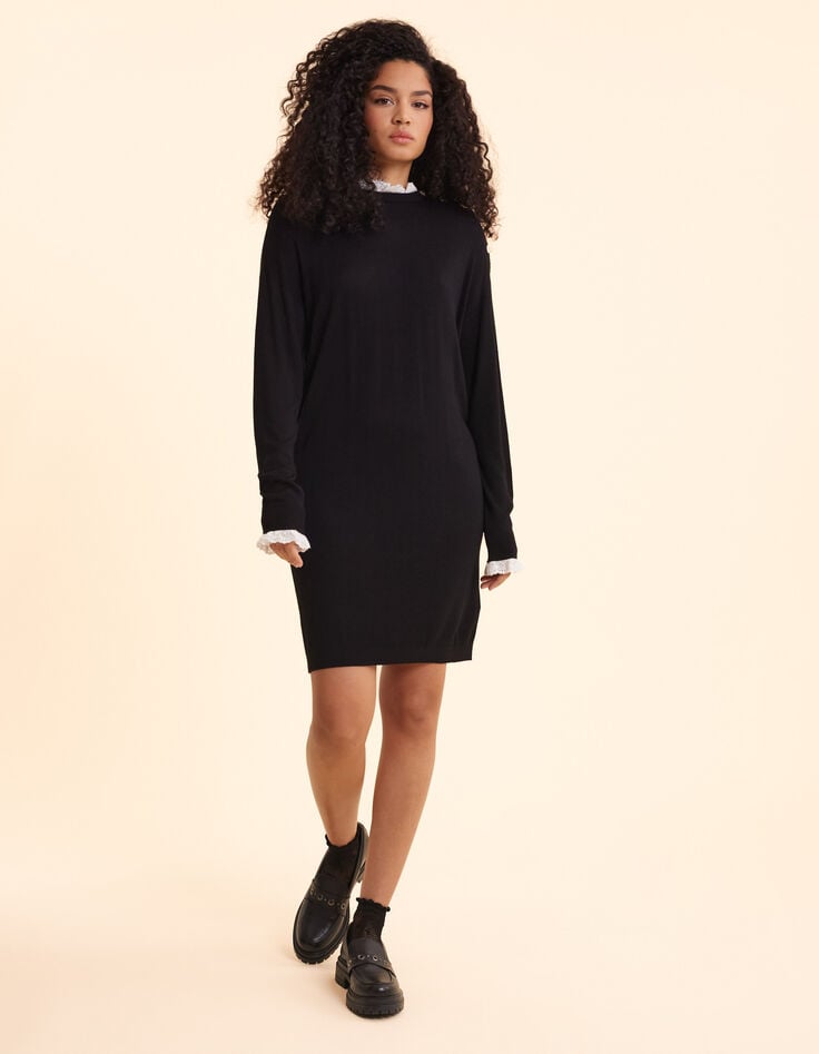 Ikks Robe Noire Tricot Détails Broderie Anglaise I.Code