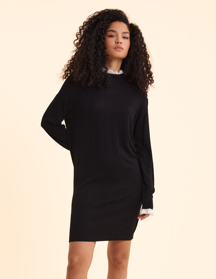 Ikks Robe Noire Tricot Détails Broderie Anglaise I.Code