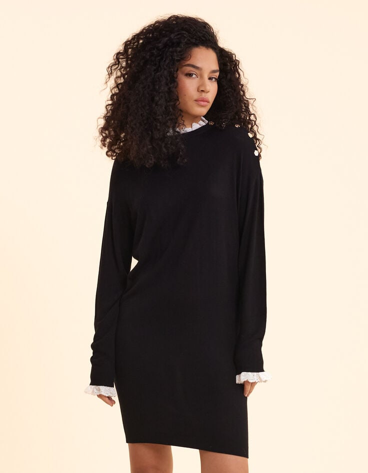 ikks Robe noire tricot détails broderie anglaise I.Code