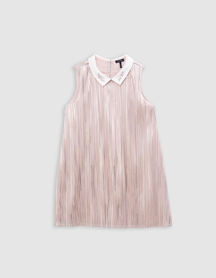 Ikks Robe Plissée Rose Rayures Dorée Col Contrasté Fille
