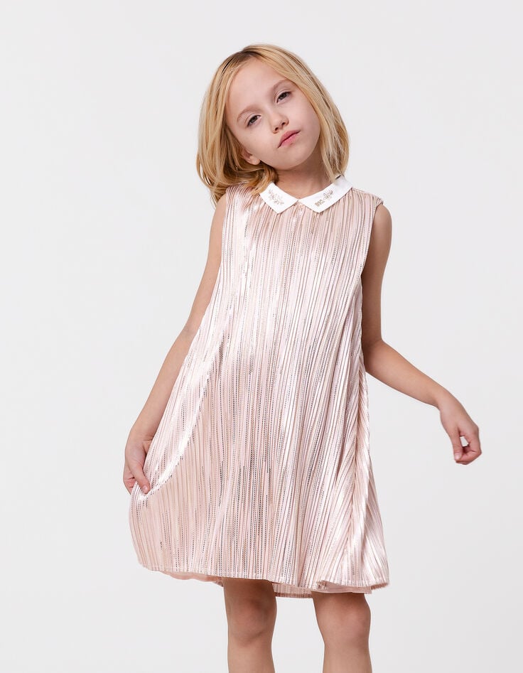 ikks Robe plissée rose rayures dorée col contrasté fille
