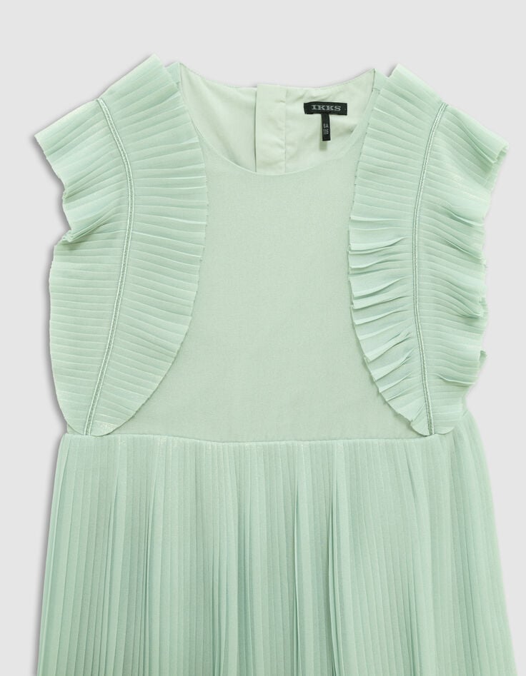 Ikks Robe Plissée Vert D'eau Irisé Volants Manches Fille