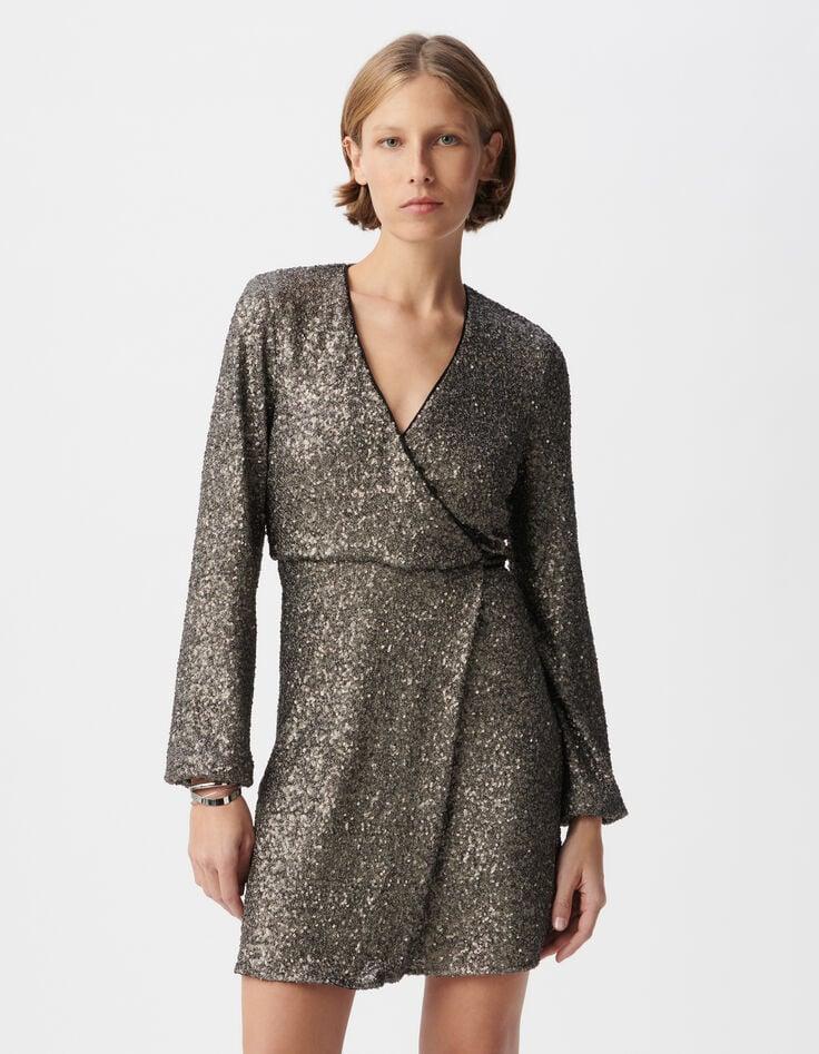 Ikks Robe Portefeuille Grise Brodée Sequins Métallisés Femme
