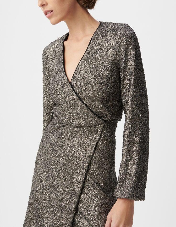 Ikks Robe Portefeuille Grise Brodée Sequins Métallisés Femme