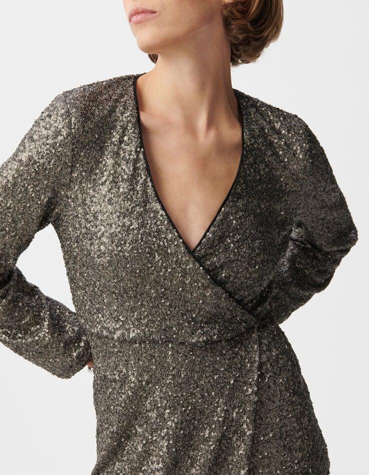 Ikks Robe Portefeuille Grise Brodée Sequins Métallisés Femme
