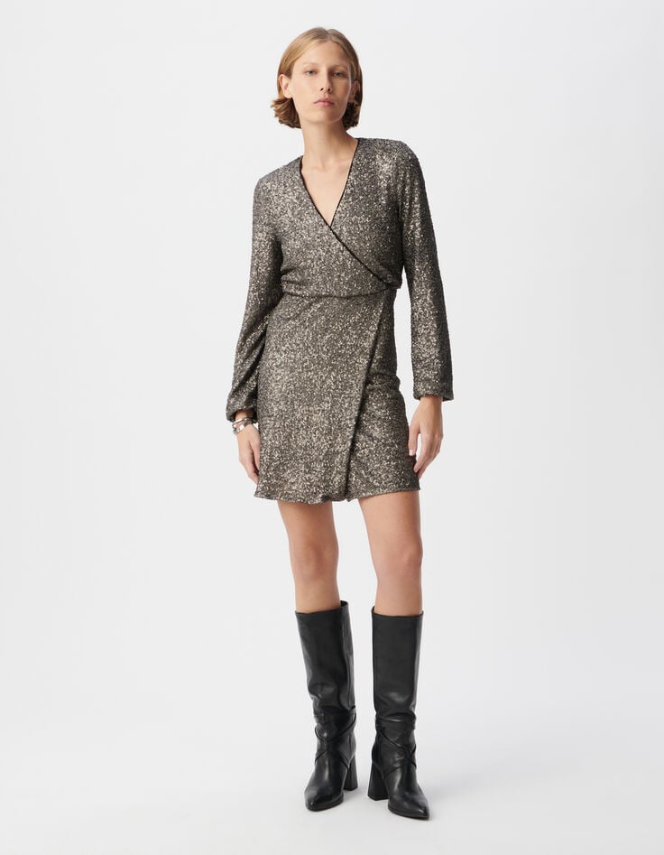 ikks Robe portefeuille grise brodée sequins métallisés Femme