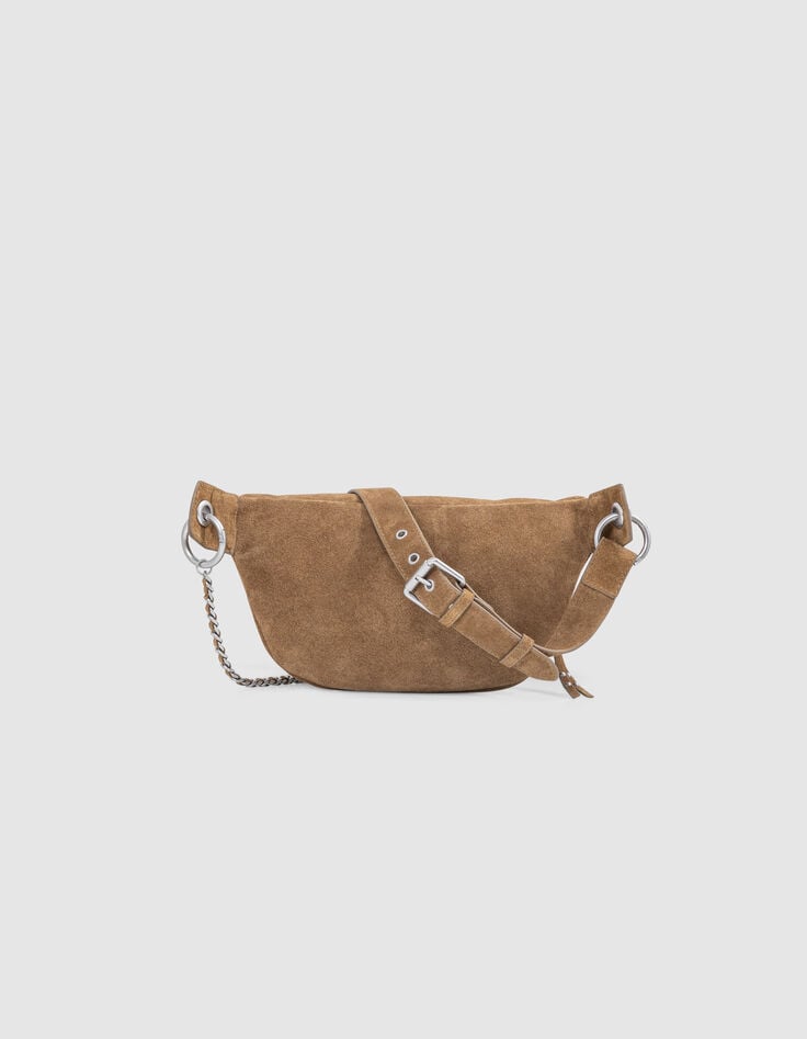 Ikks Sac Banane 1440 Camel Cuir Velours Surpiqûres Femme