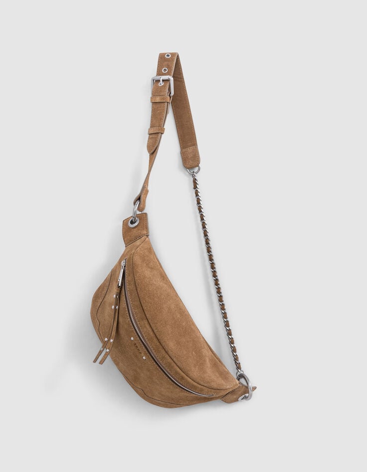 Ikks Sac Banane 1440 Camel Cuir Velours Surpiqûres Femme