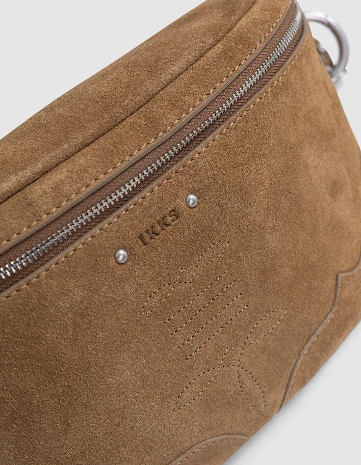 Ikks Sac Banane 1440 Camel Cuir Velours Surpiqûres Femme