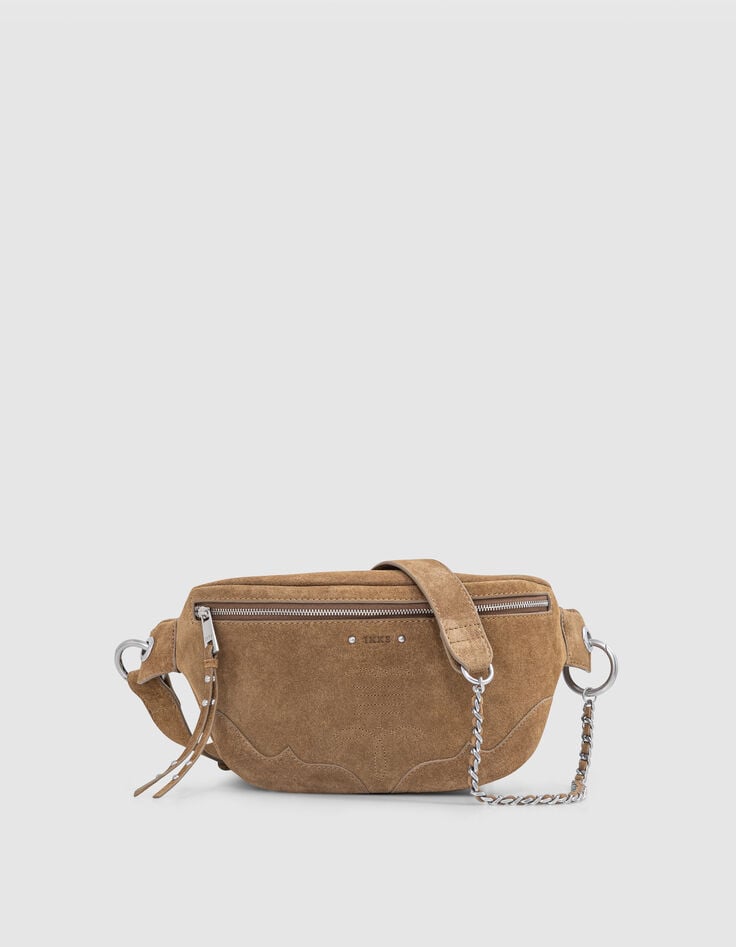 ikks Sac banane 1440 camel cuir velours surpiqûres Femme