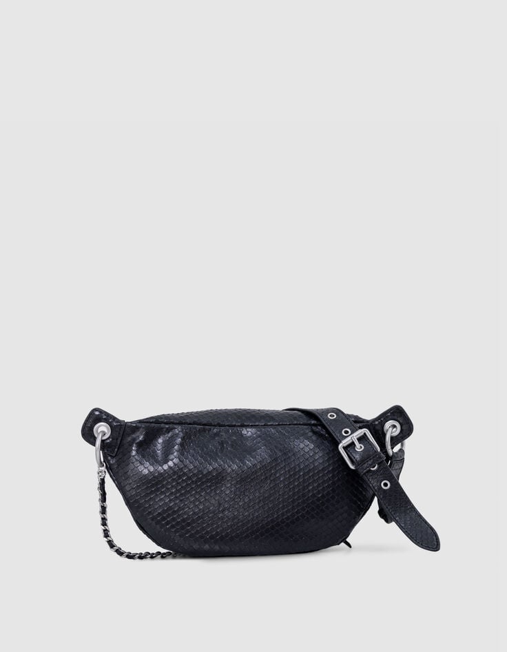 Ikks Sac Banane 1440 Noir Cuir Embossé Effet Python Femme