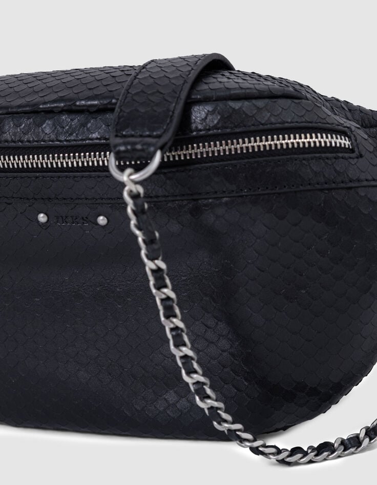 Ikks Sac Banane 1440 Noir Cuir Embossé Effet Python Femme