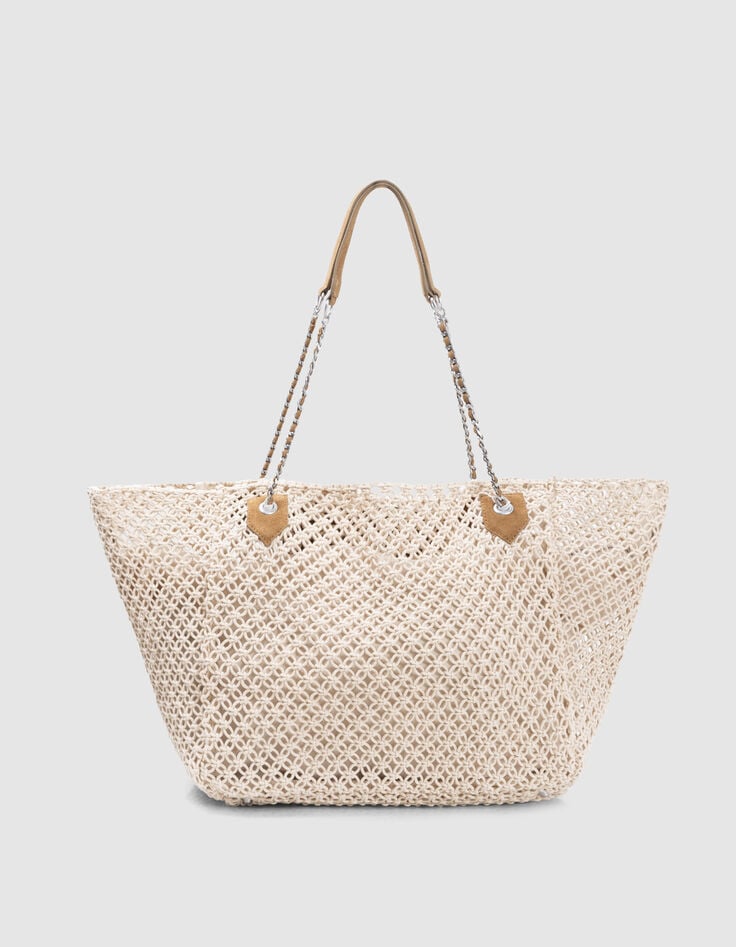Ikks Sac Cabas 1440 écru Crochet Cuir Velours Camel Femme